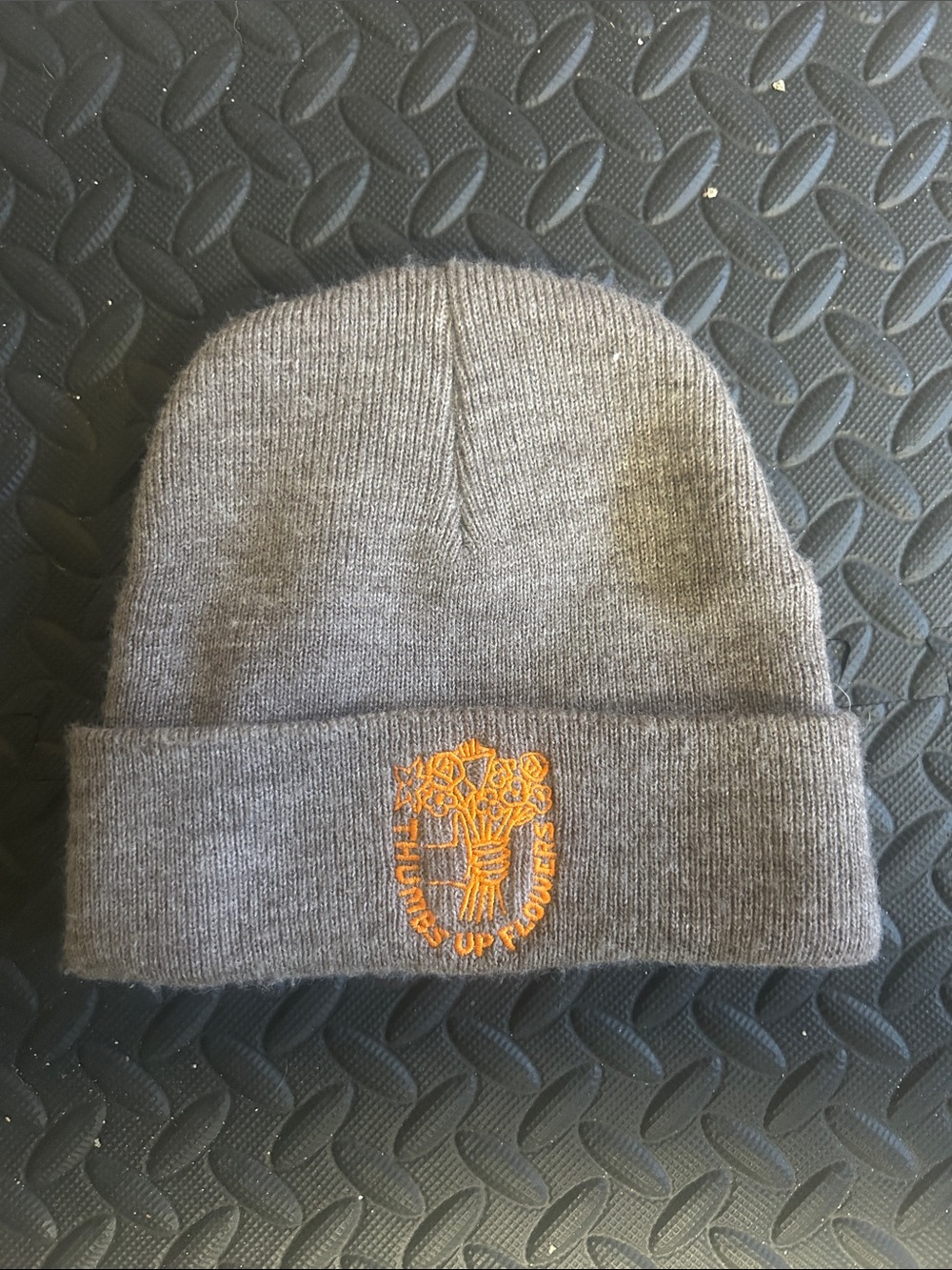 Gray Knit Beanie with Orange Embroidered Logo Thumbs Up Flowers Brand vintage